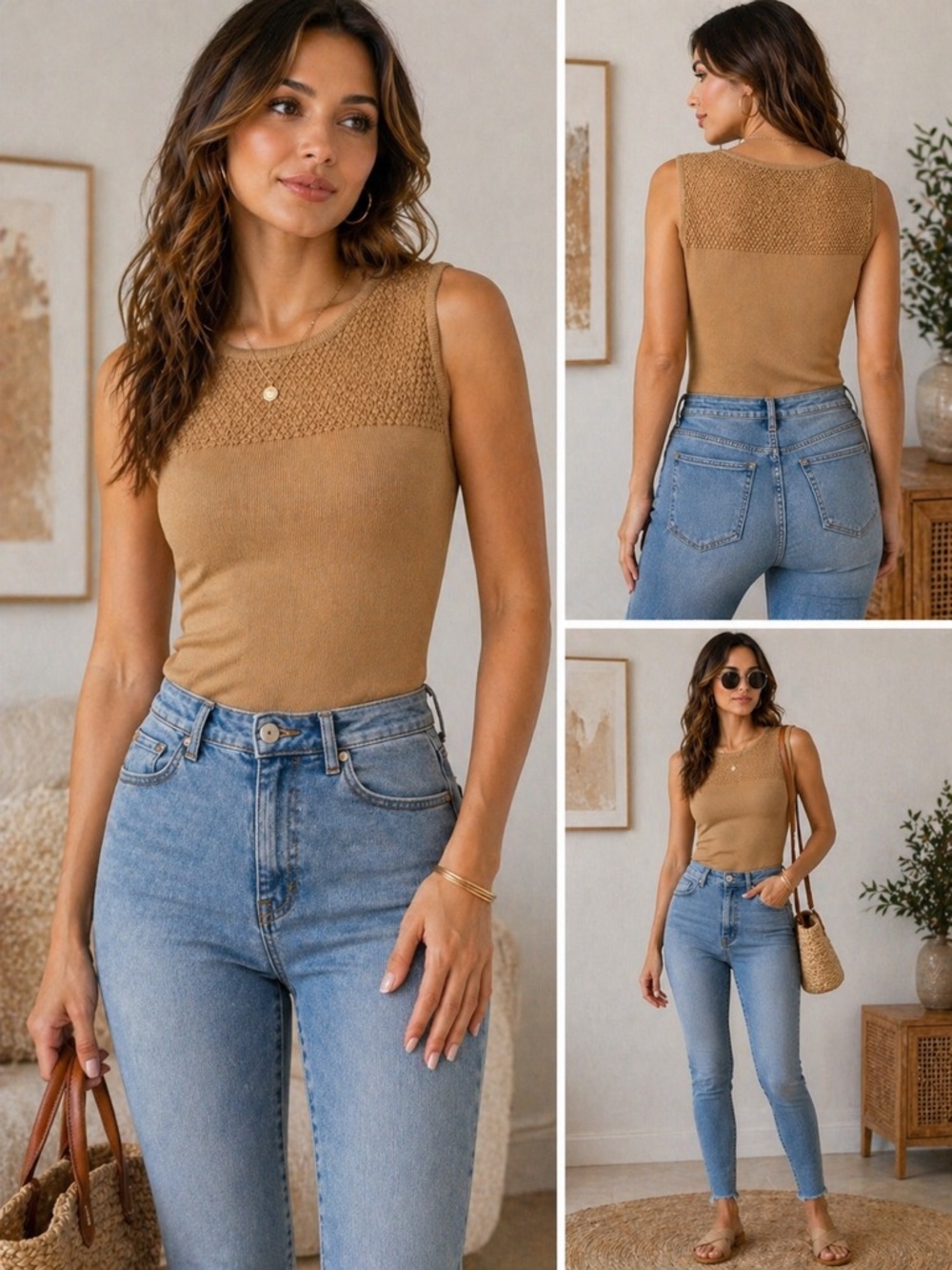 Michelle Nicole Stretch Fitted Sleeveless Knit Top – Neutral Tan